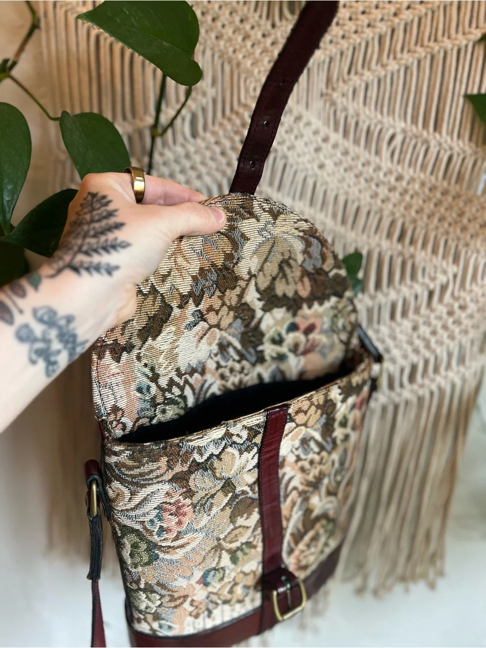 Vintage Floral Tapestry Crossbody Bag Leather Boho Cottagecore Bucket Purse - Picture 12 of 14